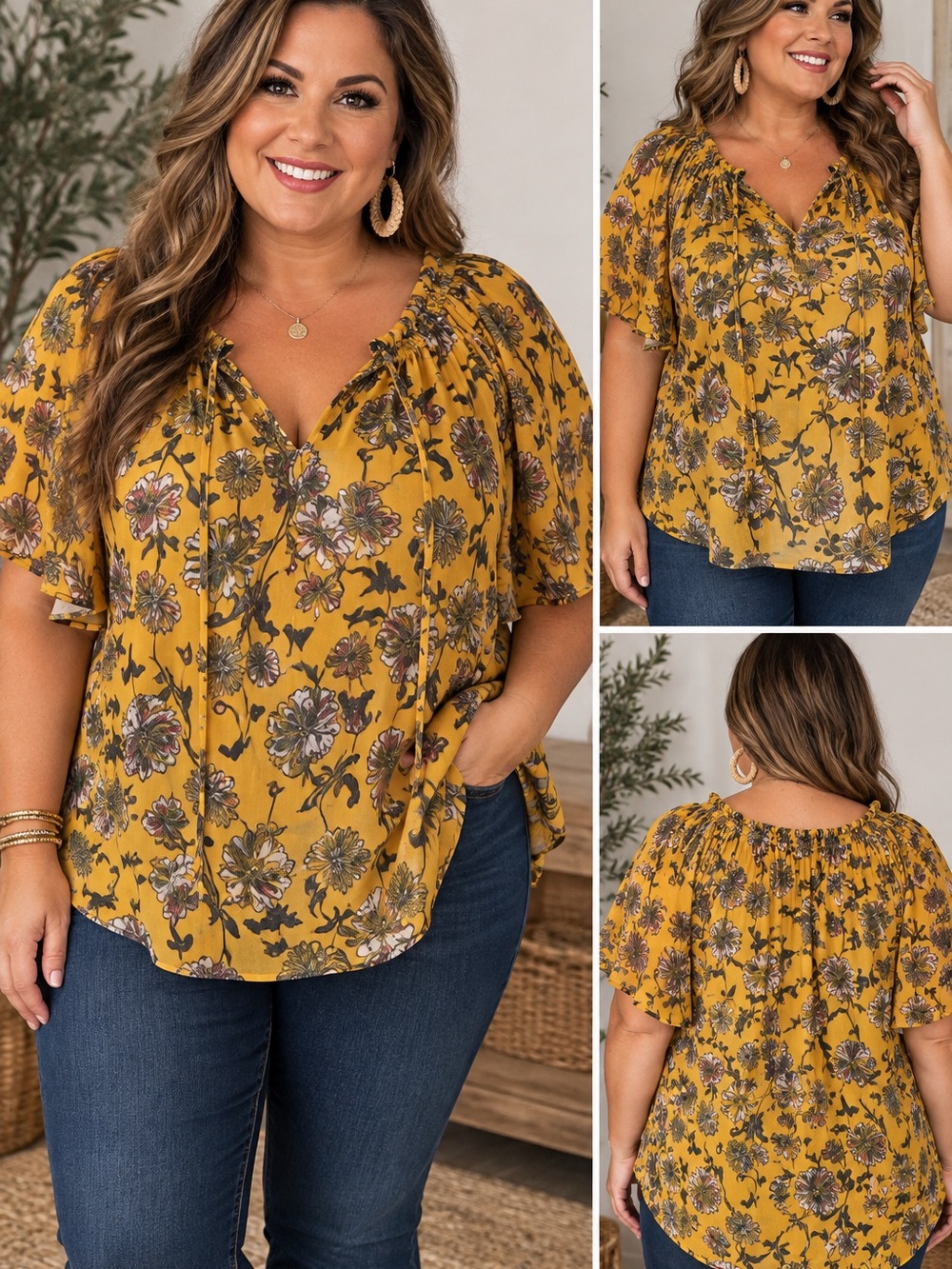 Gibson Latimer Mustard Floral Peasant Blouse